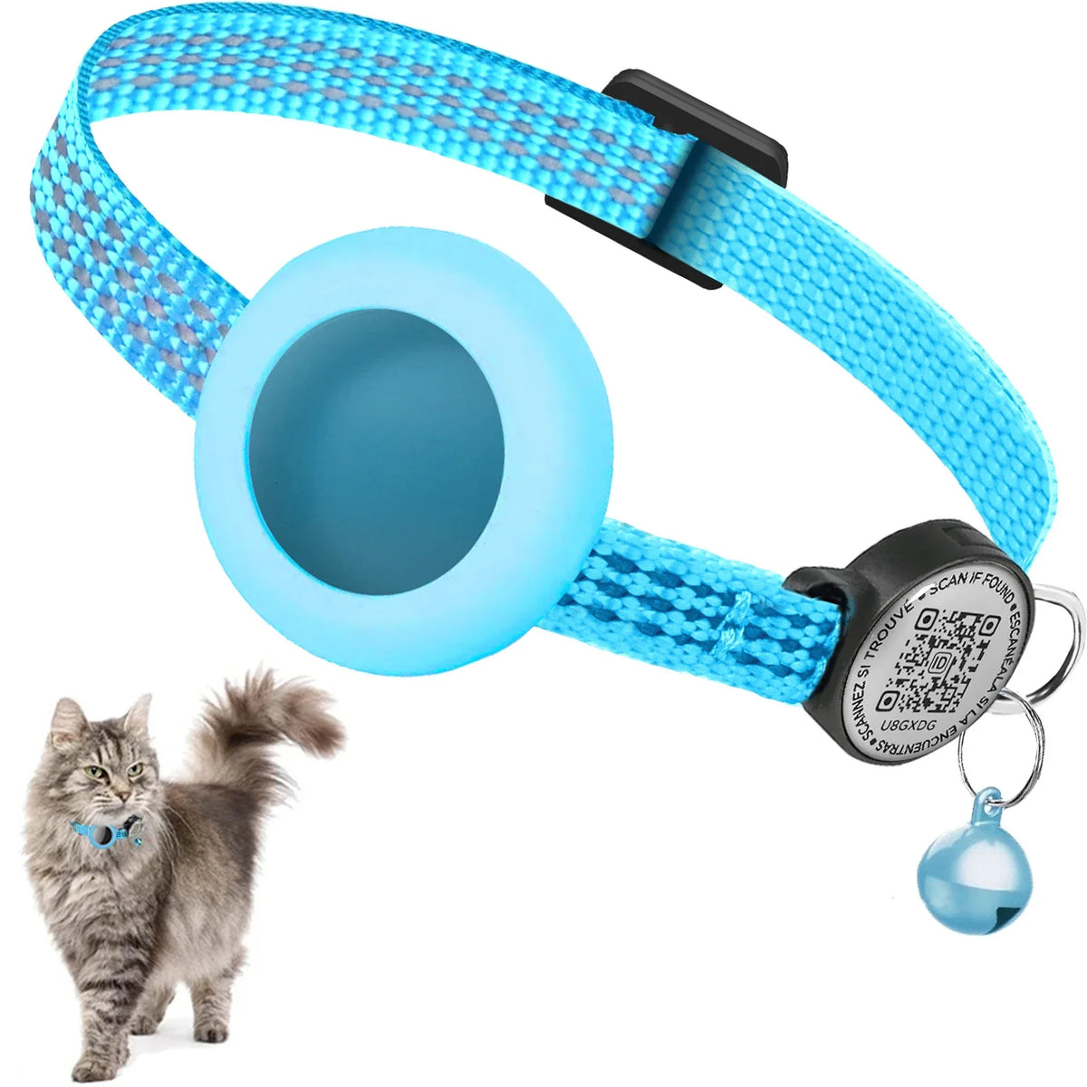 Blue collar with an empty AirTag holder, QR tag and bell