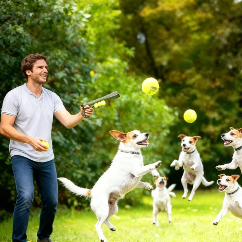 Man using the launcher while terriers jump for the balls