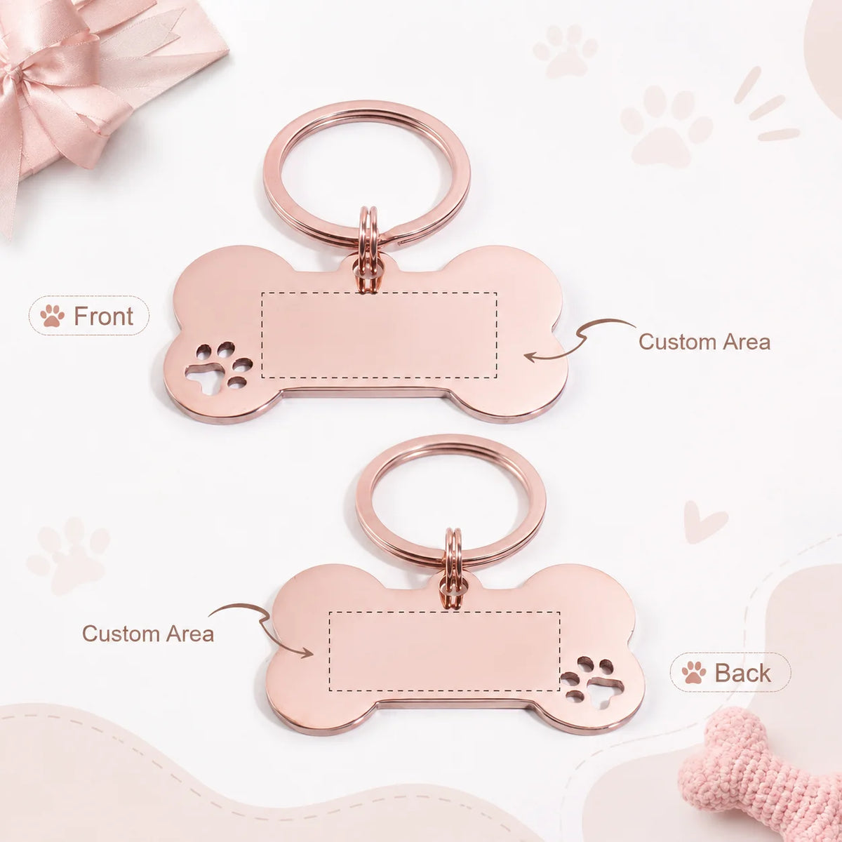 Rose gold bone tag shown front and back