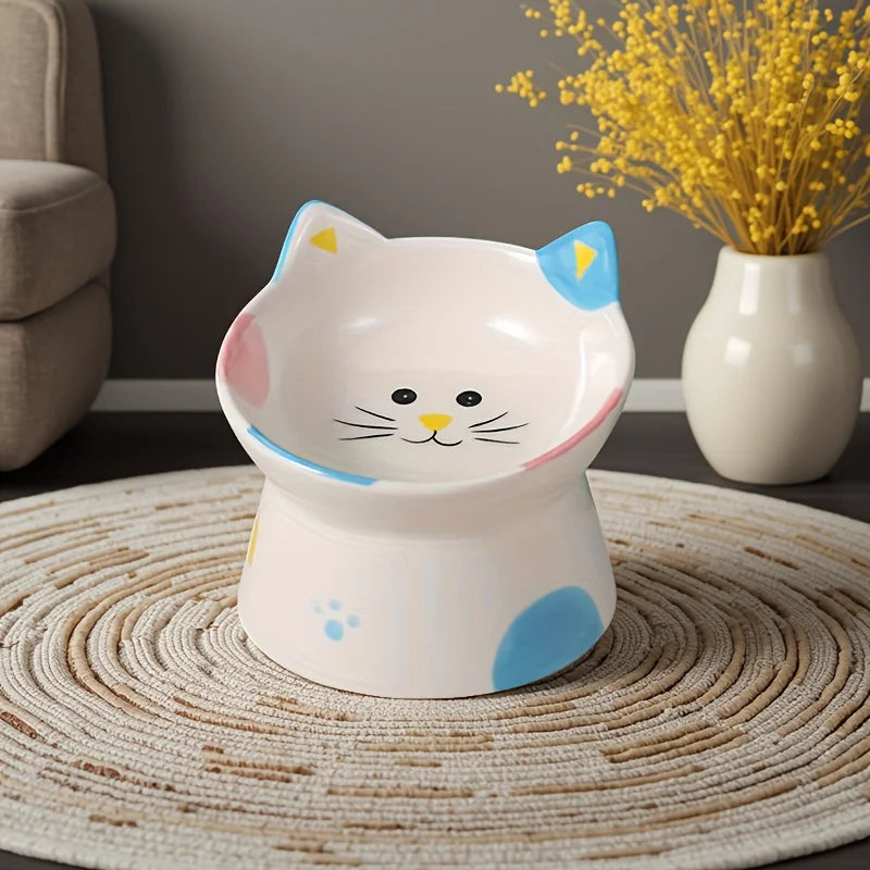 Cat-face bowl on a woven rug in a living room