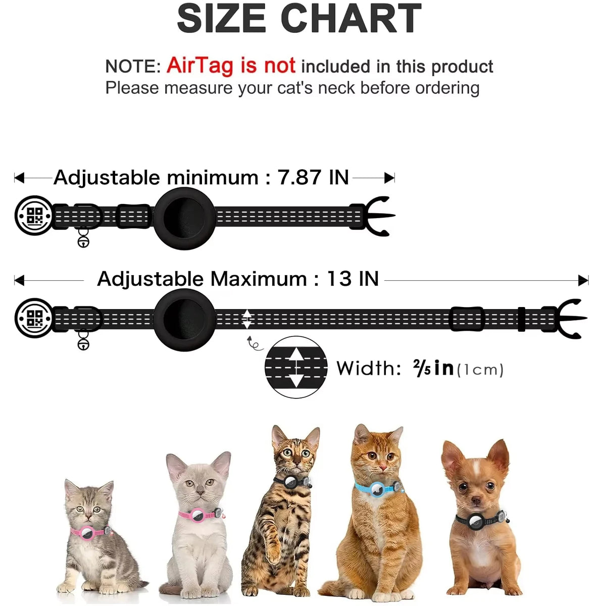 Size chart: adjusts from 7.87 to 13 inches, 1 cm wide, and cats wearing the collar