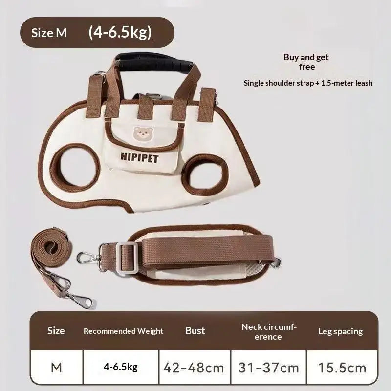 Size chart for M: 4 to 6.5 kg, chest 42 to 48 cm, leg spacing 15.5 cm
