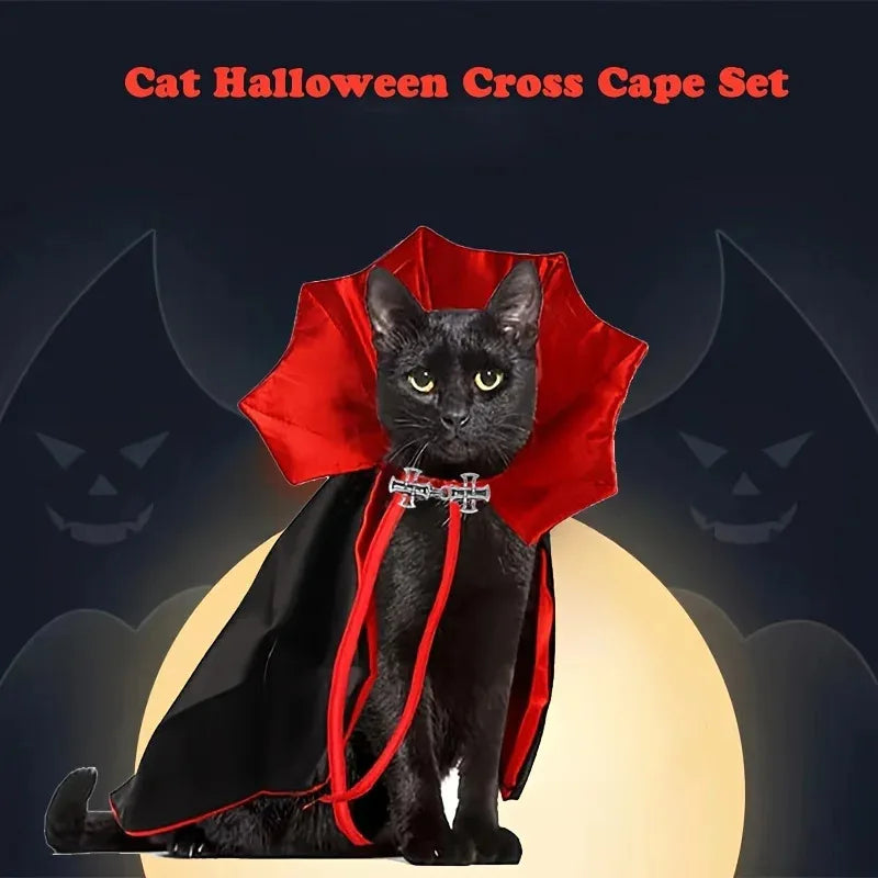 A black cat in the vampire cape in front of a full moon
