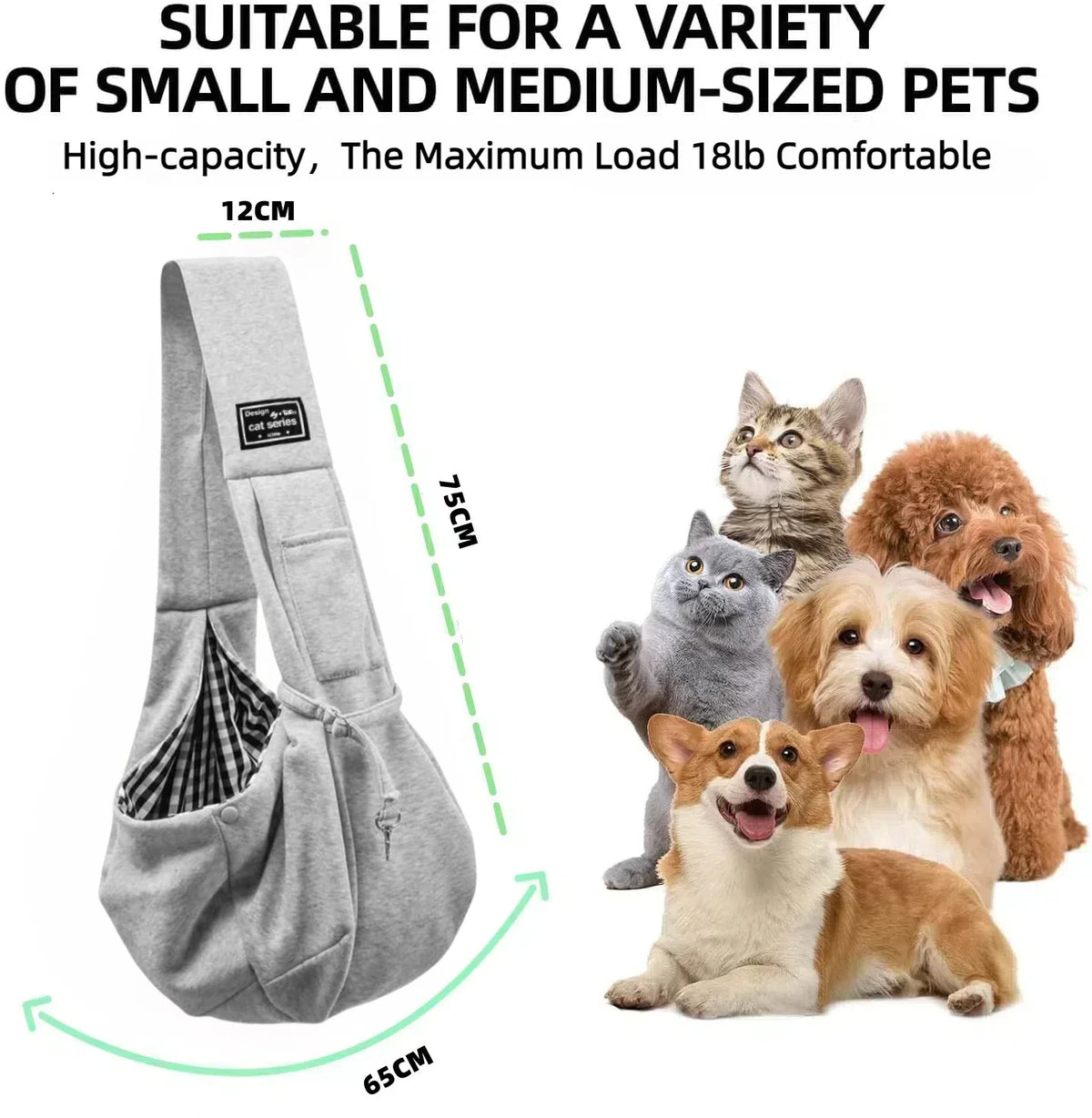 The sling shown with the range of small dogs and cats it suits