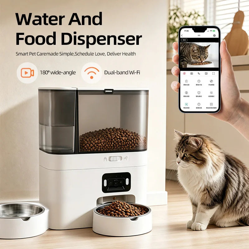 Tabby cat beside the feeder and water dispenser, with the camera view on a phone