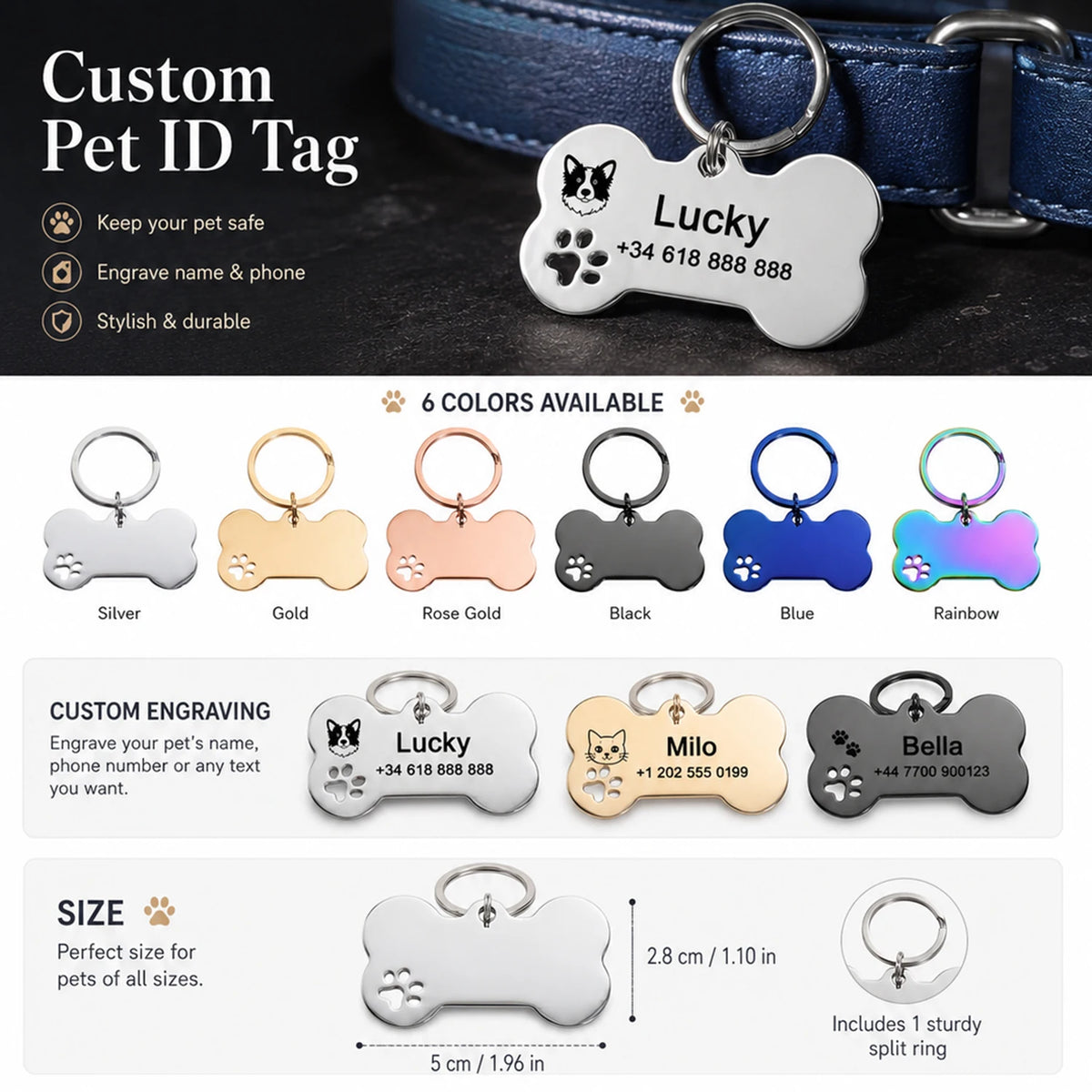 Overview of the tag: six finishes, engraving examples and the 5 by 2.8 cm size