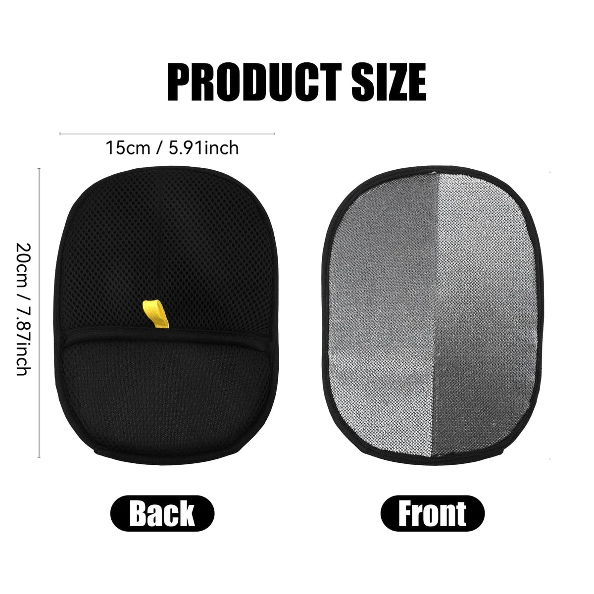 Size guide: the mitt is 20 cm by 15 cm, front and back