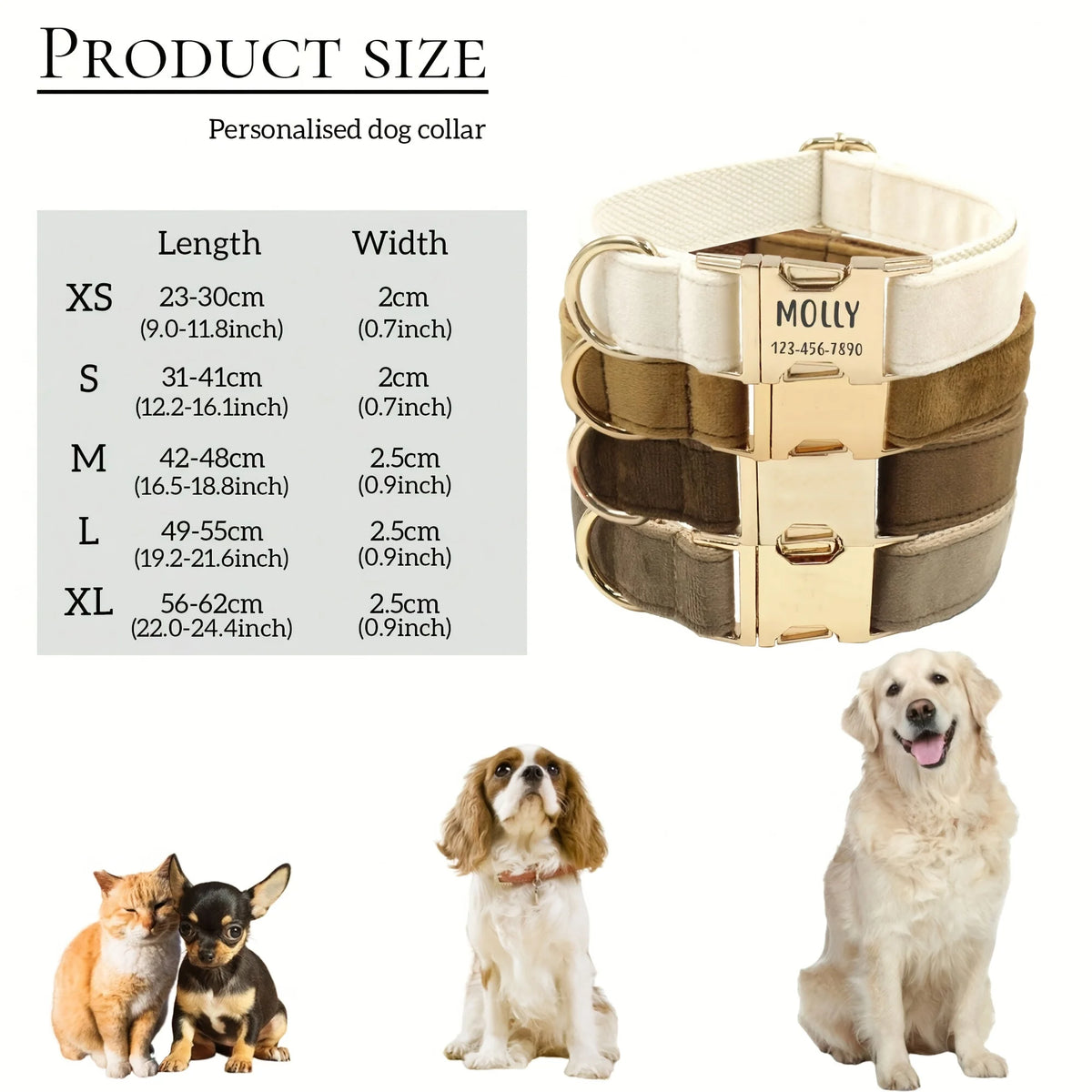 Size guide: five sizes from 23 cm to 62 cm neck