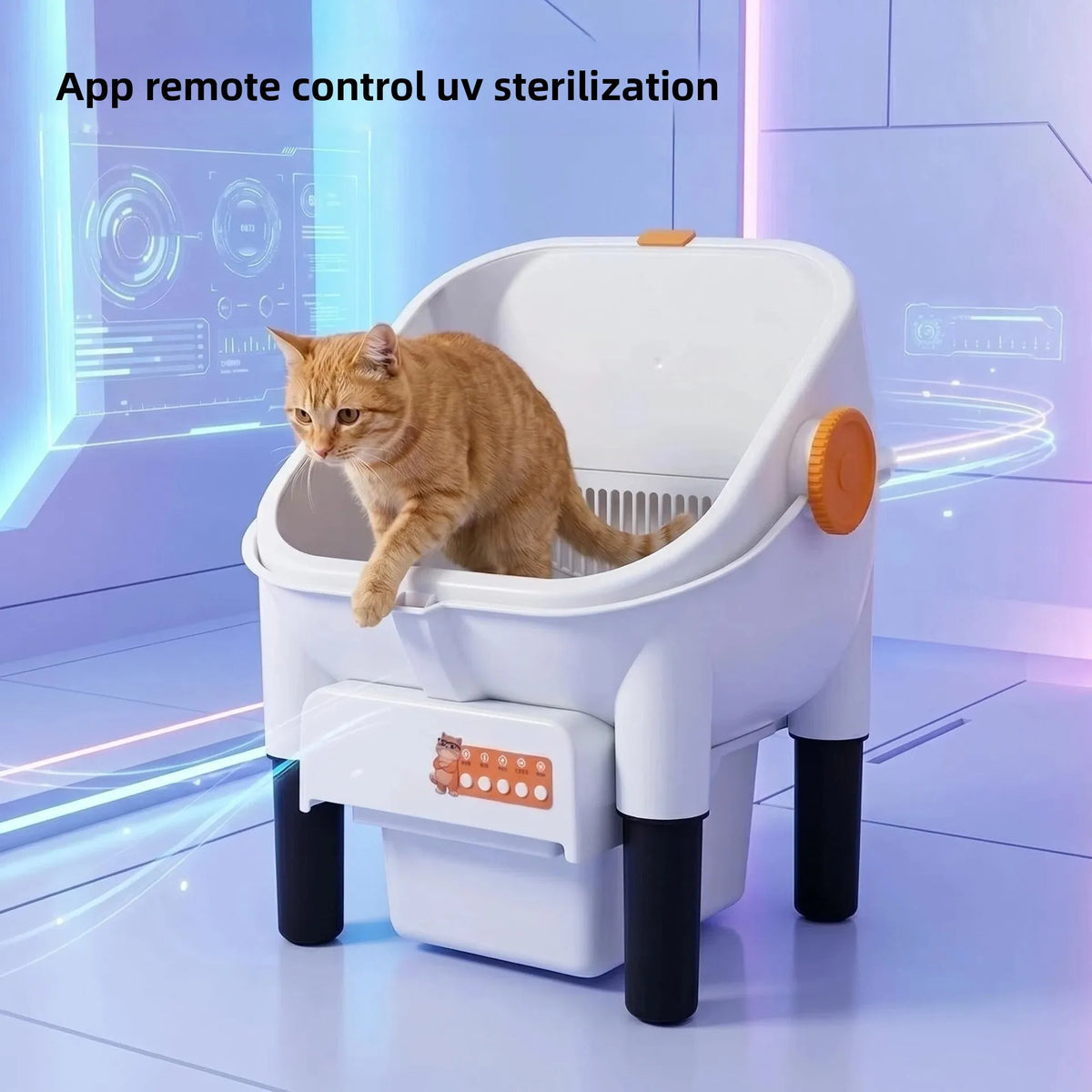 A cat climbing into the open-top litter box