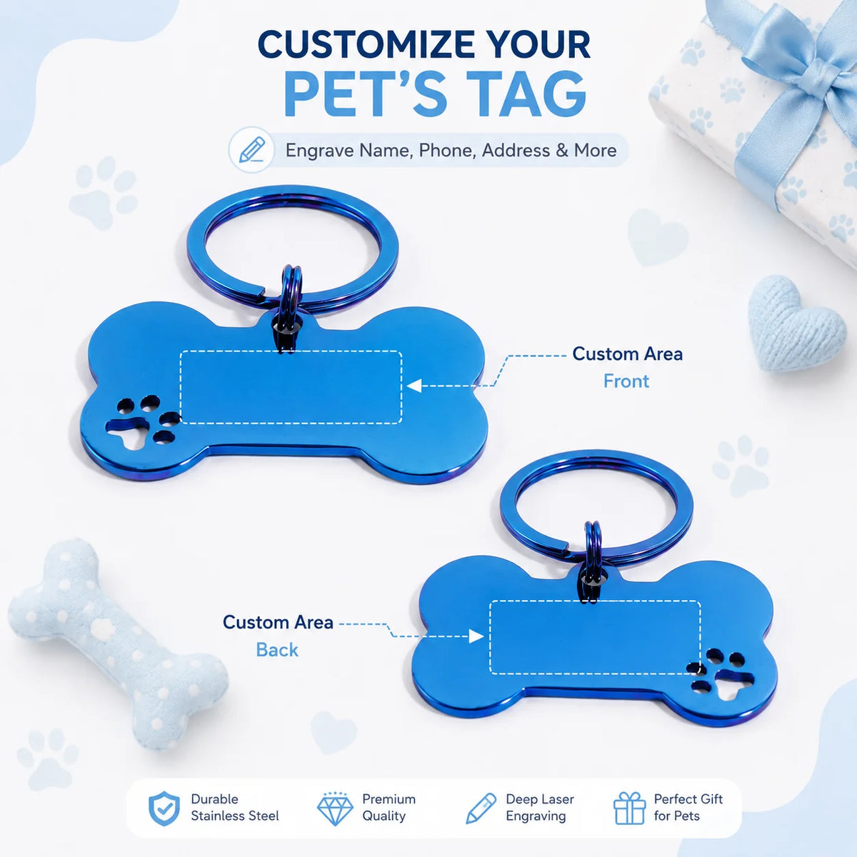 Blue bone tag shown front and back