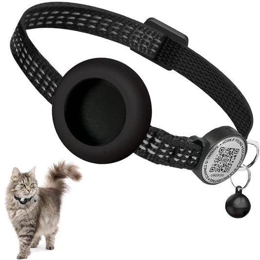 Black collar with an empty AirTag holder, QR tag and bell