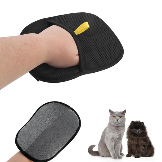 The pet hair mitt worn on a hand, with both faces shown