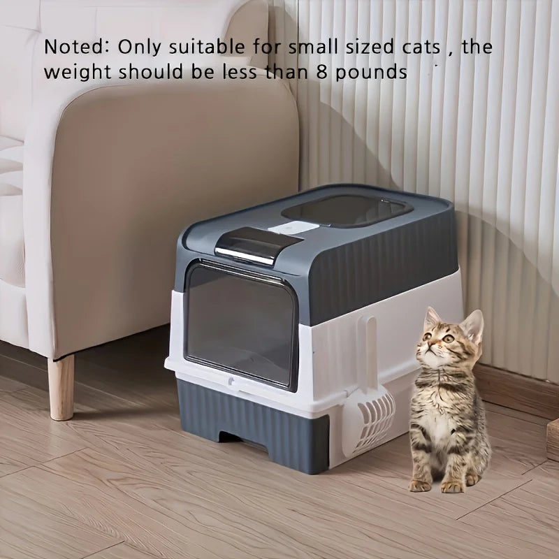 Enclosed litter box with a kitten beside it, noting the small-cat weight limit