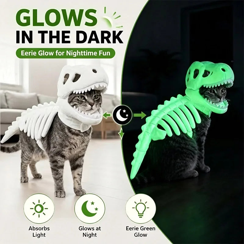 A cat in the white T-rex costume beside the same costume glowing green