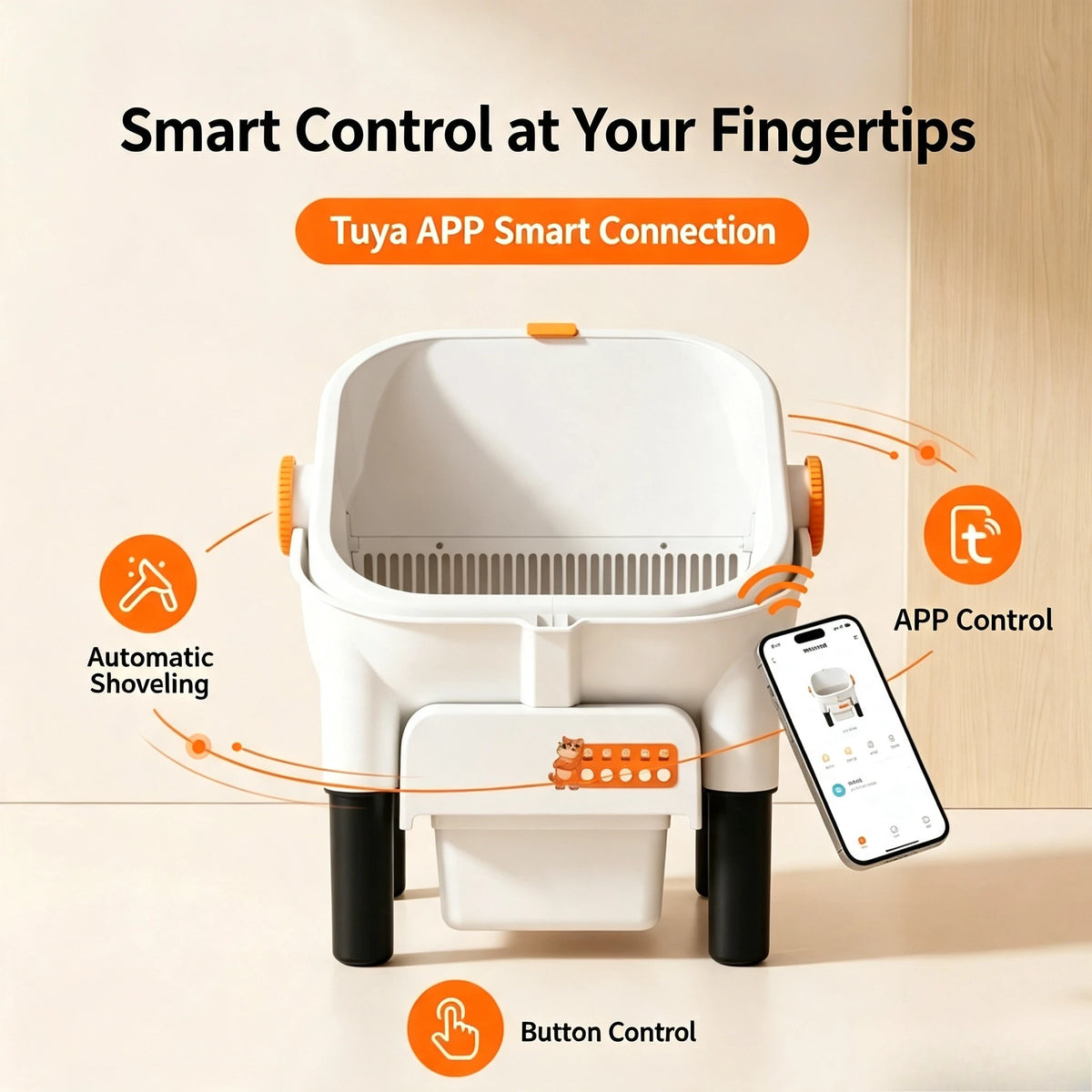 App and button control for the self-cleaning litter box
