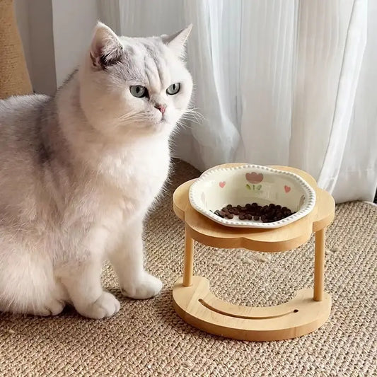 Grey cat sitting beside a patterned ceramic bowl in a wooden stand
