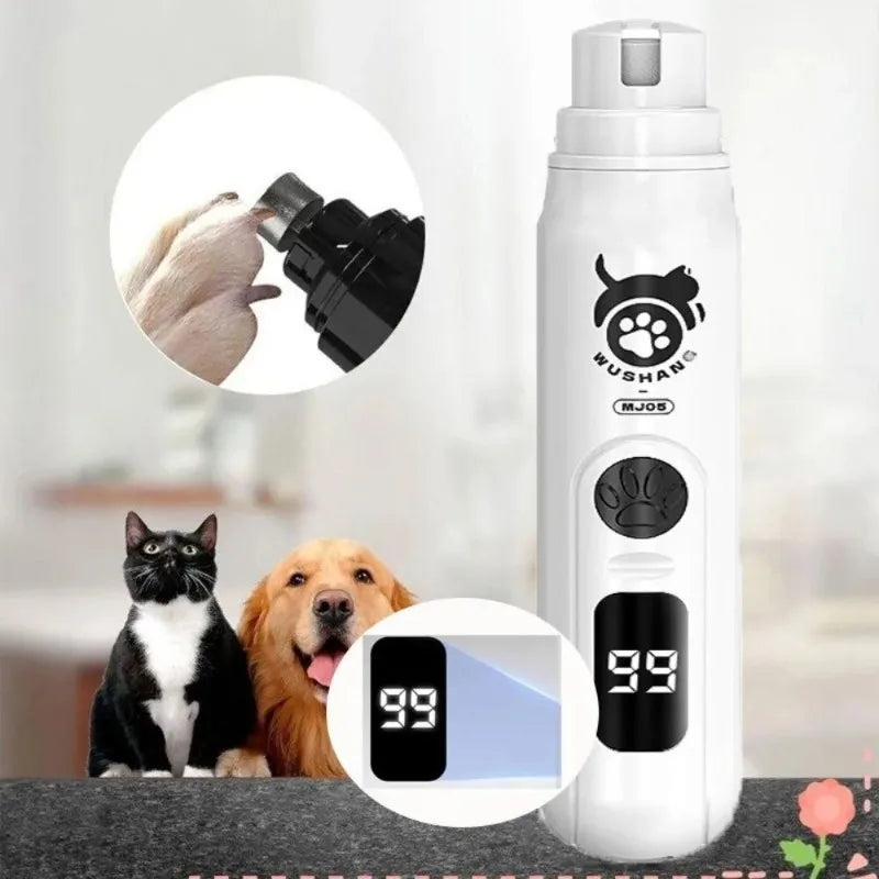The electric nail grinder with a cat and a golden retriever behind it