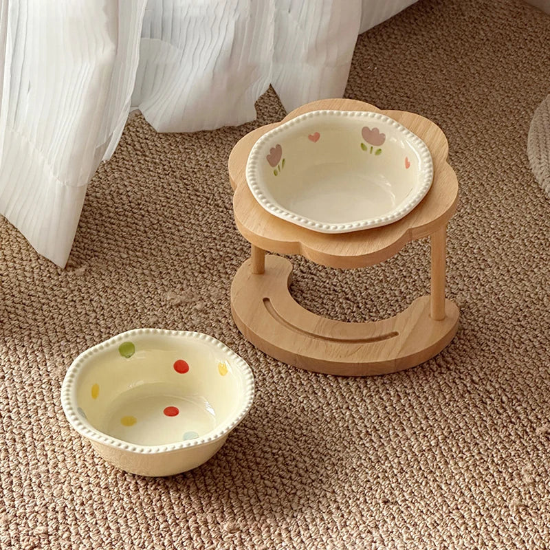 Patterned ceramic bowl beside the wooden stand on a rug