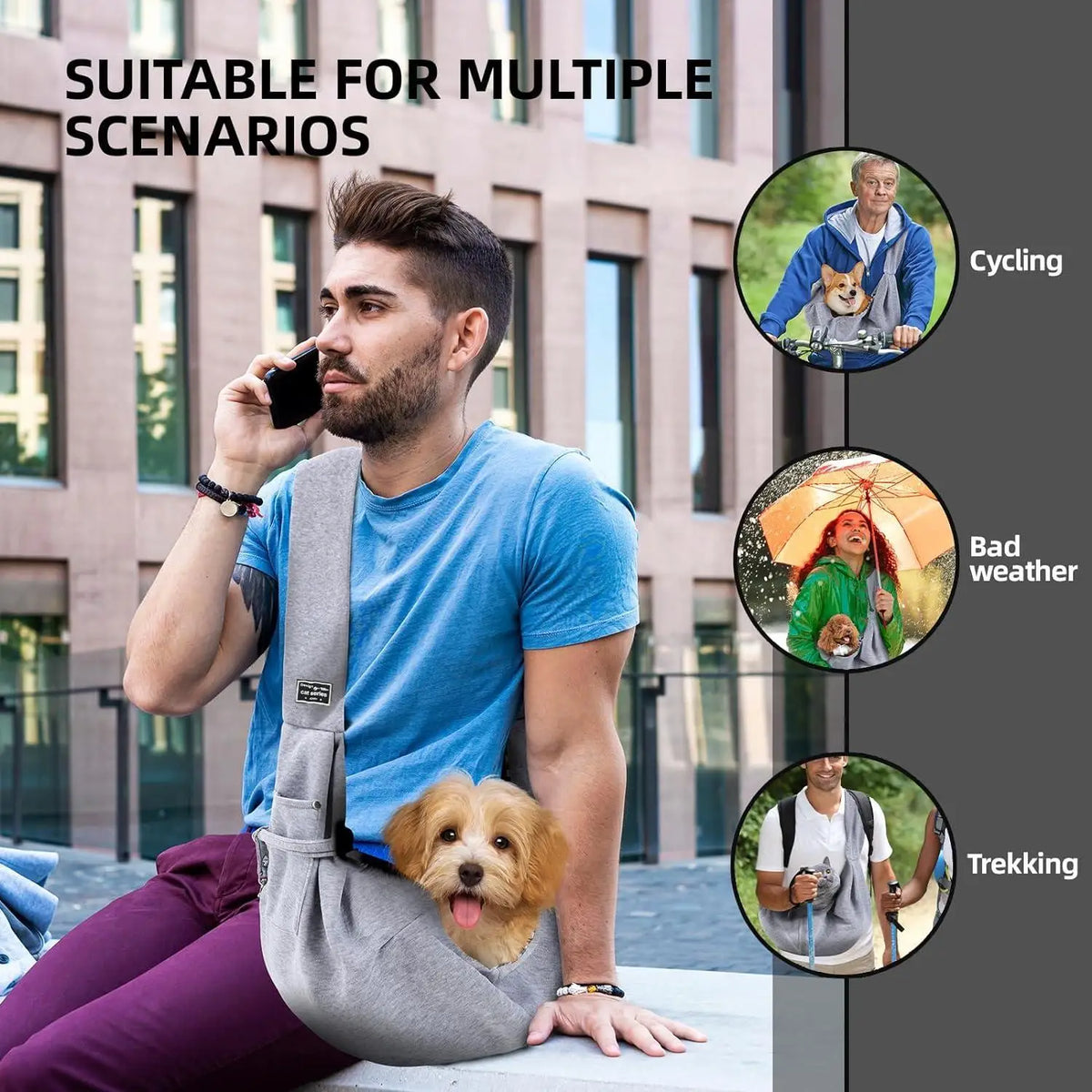 Man sitting outdoors with a small dog riding in the grey sling