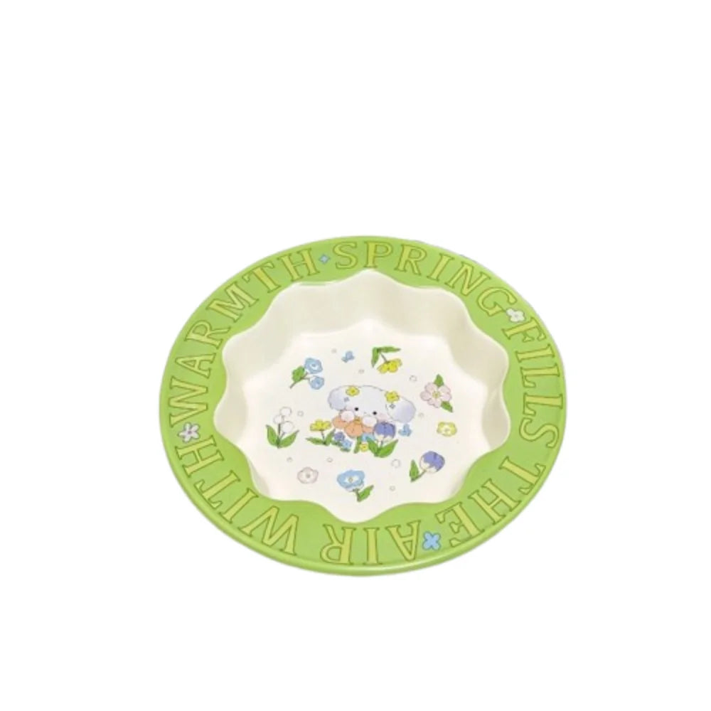 Flat floral ceramic plate seen from above