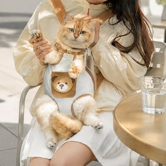 Woman at a cafe table with a ginger cat in the front carrier, paws resting on the bear pocket
