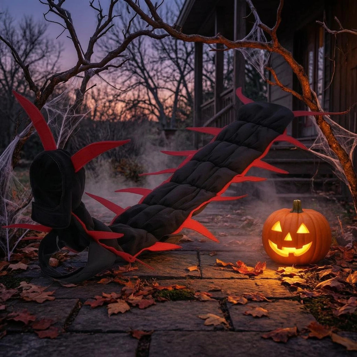 The centipede costume on a path beside a lit jack-o'-lantern