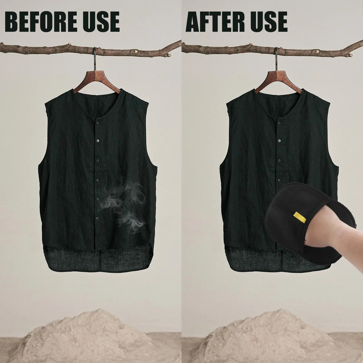 Before and after: a dark garment covered in pet hair, then clean