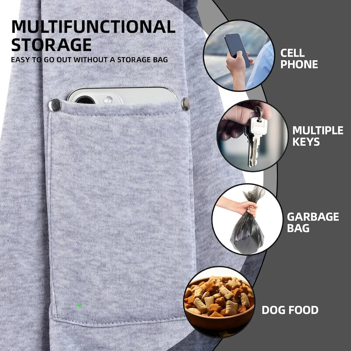 Close-ups of the sling pockets holding a phone, keys, waste bags and treats