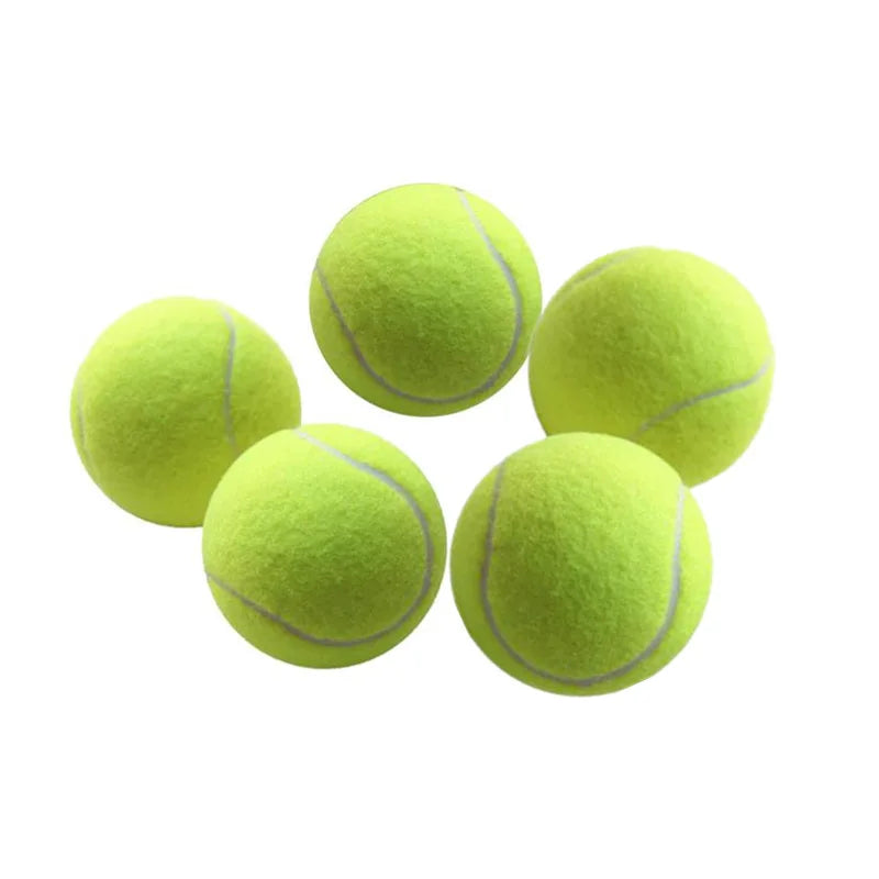 Five tennis balls. Supplier photo; the launcher comes with two