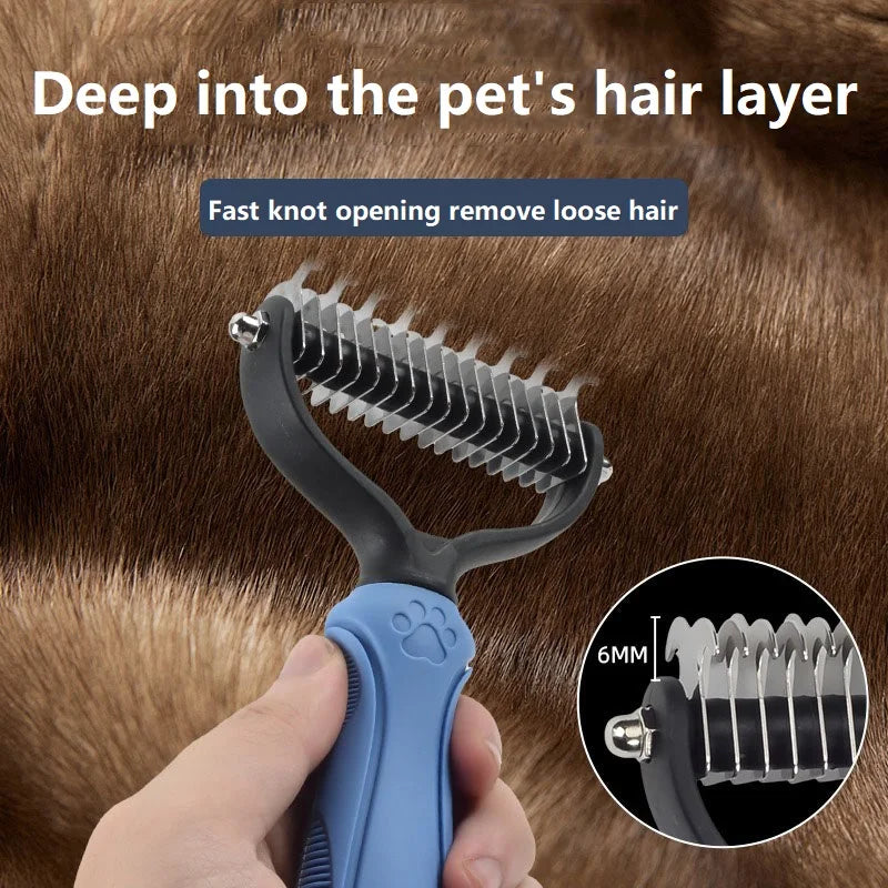 The rake working through the undercoat of a long-haired dog