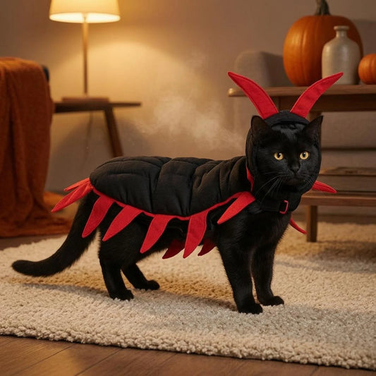 A black cat wearing the centipede costume with red legs and horned hood