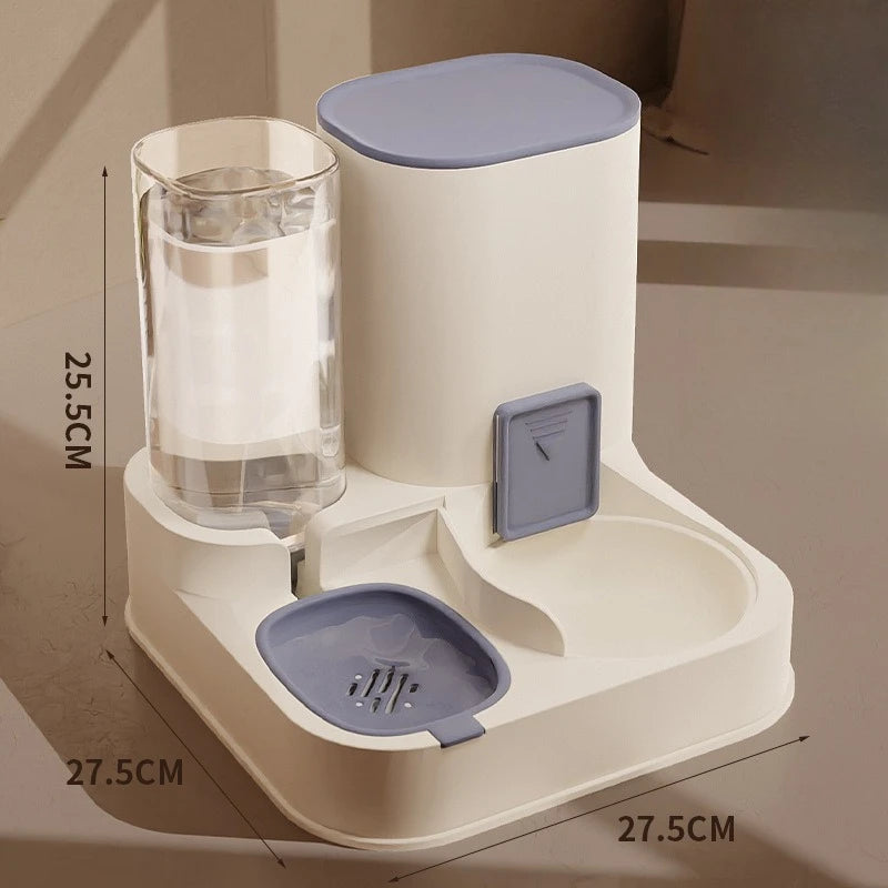 Blue all-in-one pet feeder and waterer, 27.5 cm wide and 25.5 cm tall