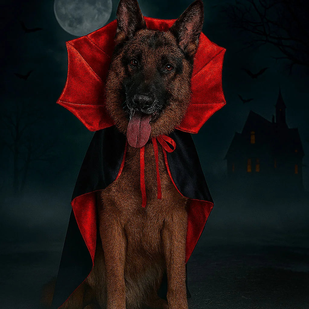 A German shepherd in the red and black vampire cape at night