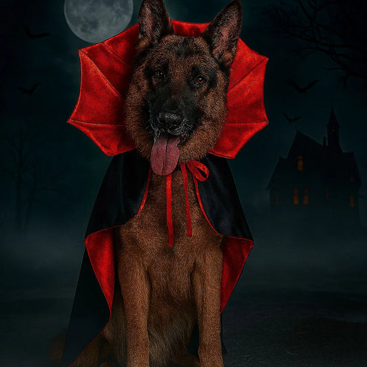 A German shepherd in the red and black vampire cape at night