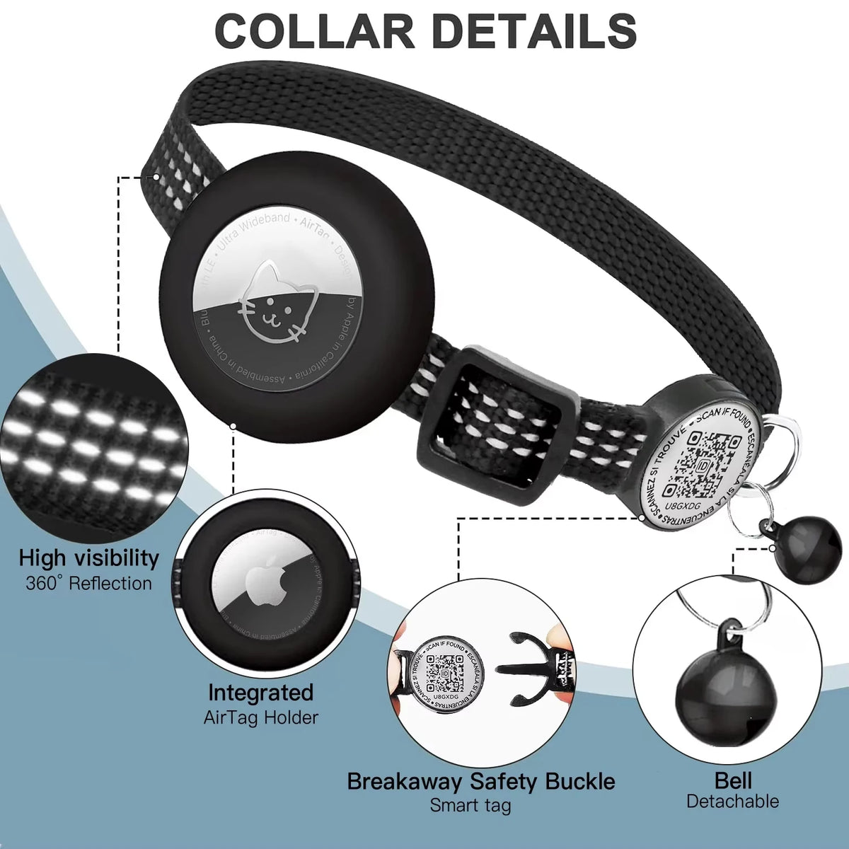 Collar details: reflective strap, AirTag holder, breakaway buckle with QR tag, removable bell