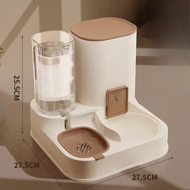 Brown all-in-one pet feeder and waterer, 27.5 cm wide and 25.5 cm tall
