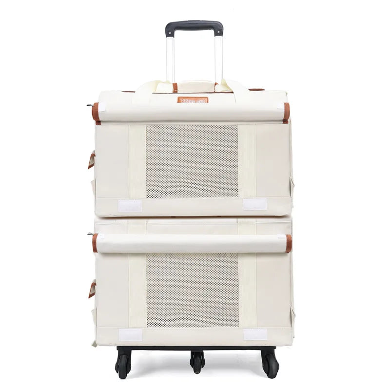 Cream double-decker rolling pet carrier on its four-wheel trolley base