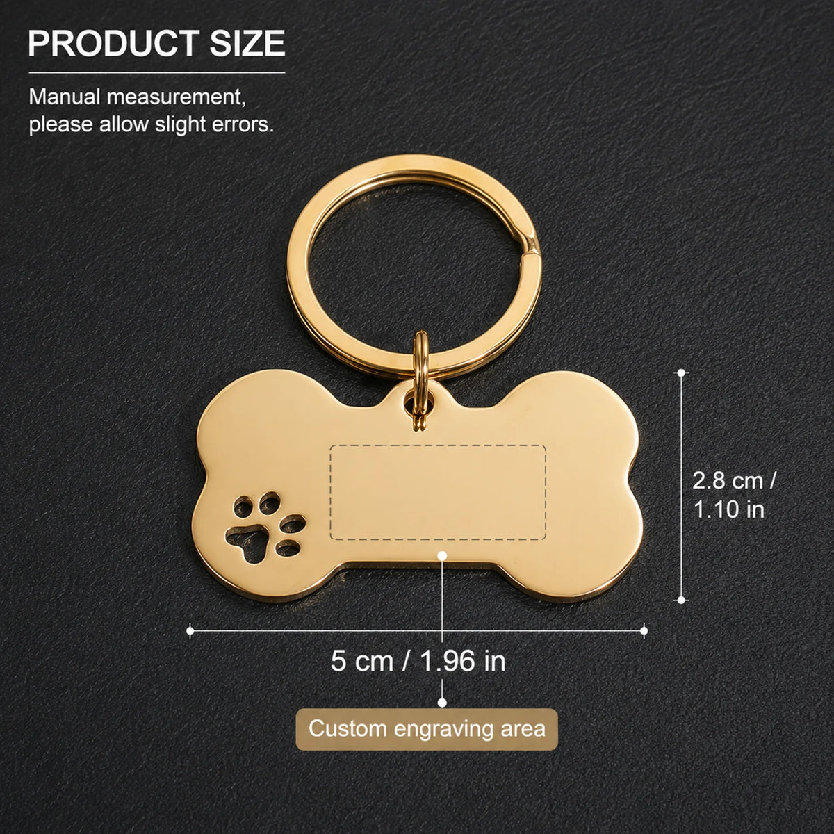 Measurements: the tag is 5 cm wide and 2.8 cm tall