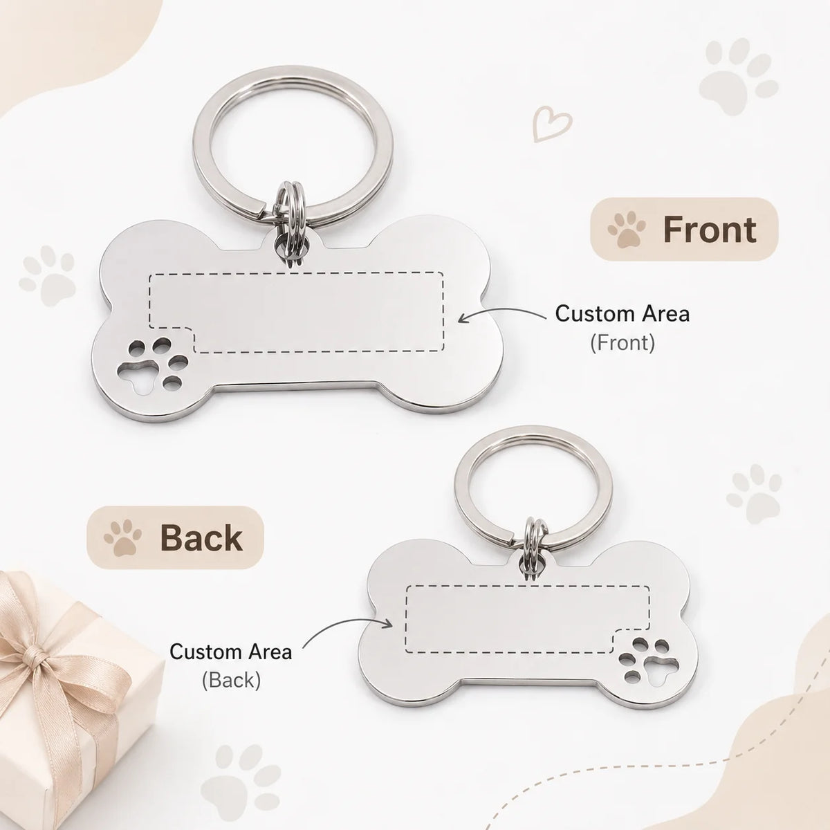 Silver bone tag shown front and back, both sides left blank for engraving