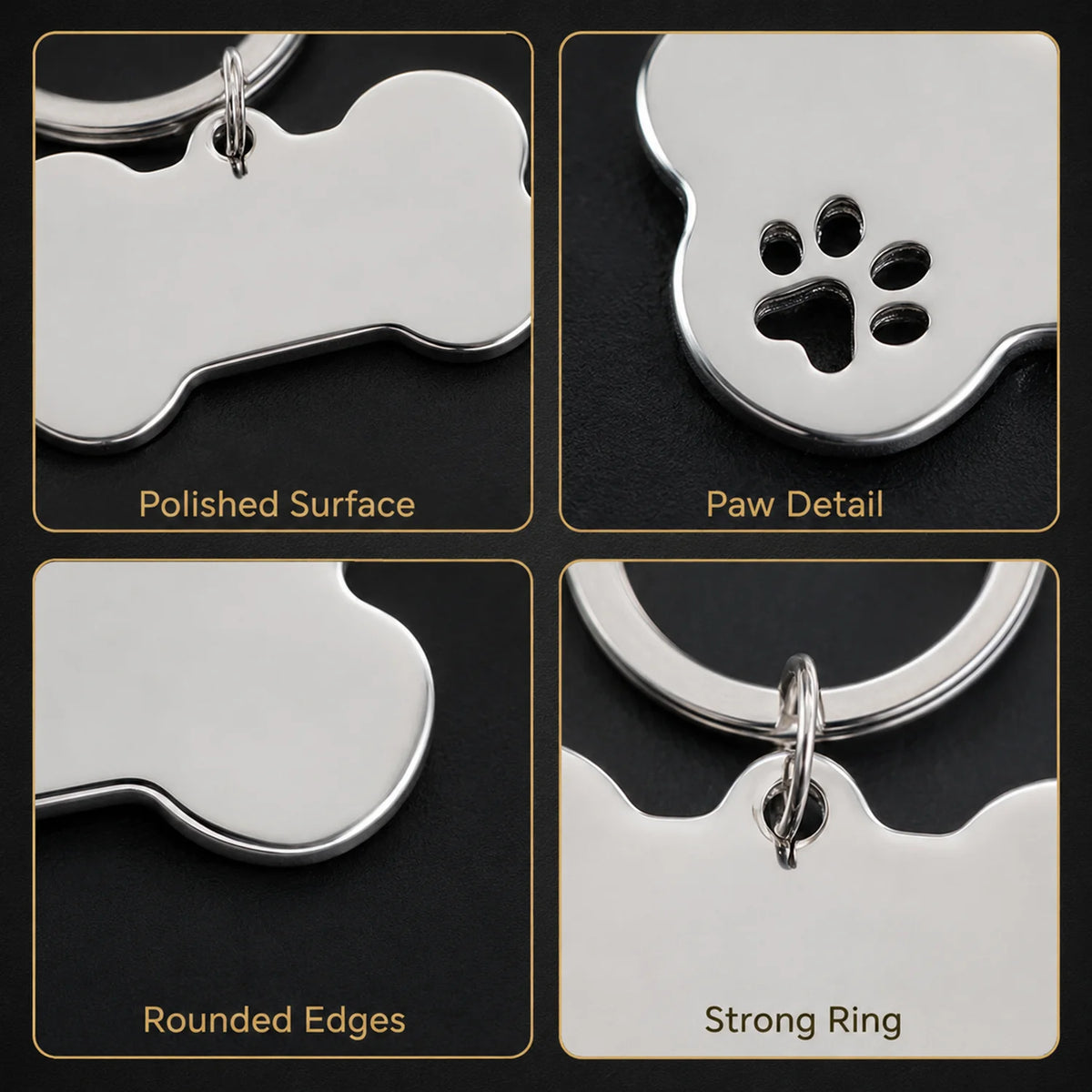 Close-ups of the polished surface, paw cutout, rounded edges and split ring