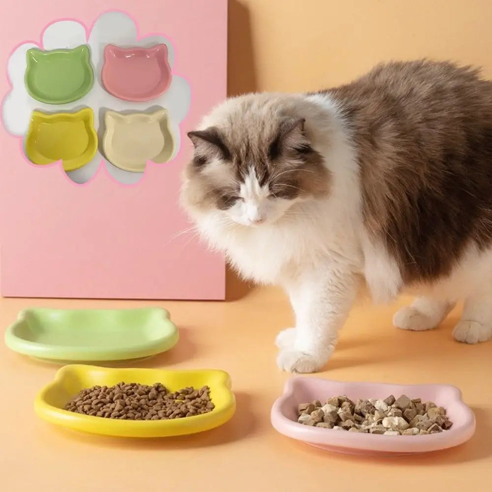 Cat walking towards two cat-shaped dishes on the floor