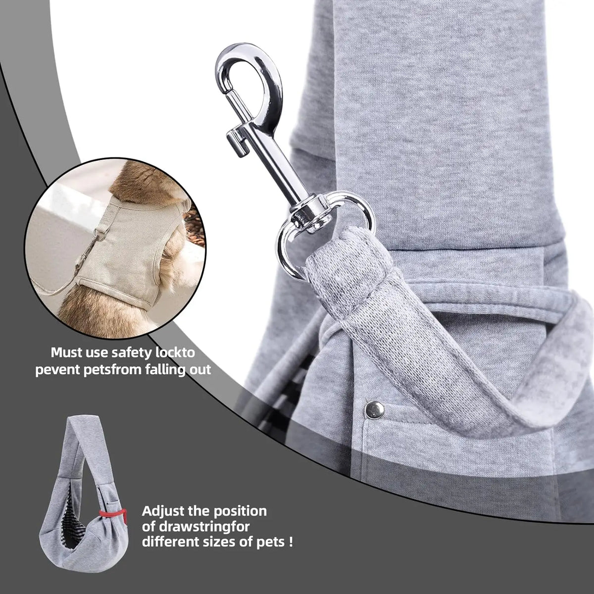 Close-up of the safety lock and the adjustable drawstring opening