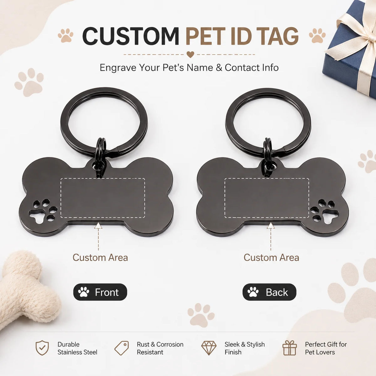 Black bone tag shown front and back