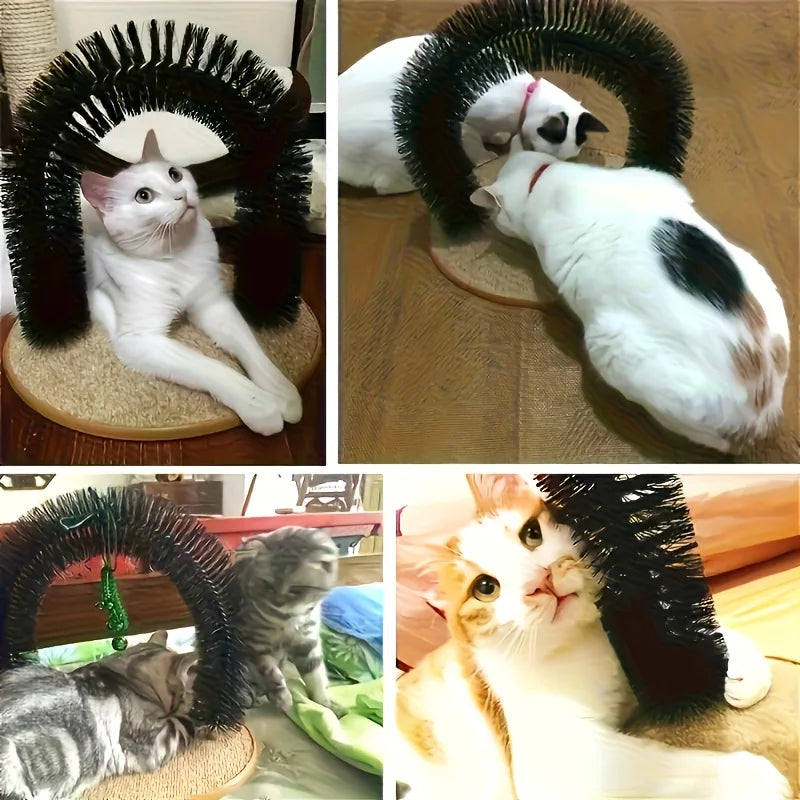 Several cats using arch groomers