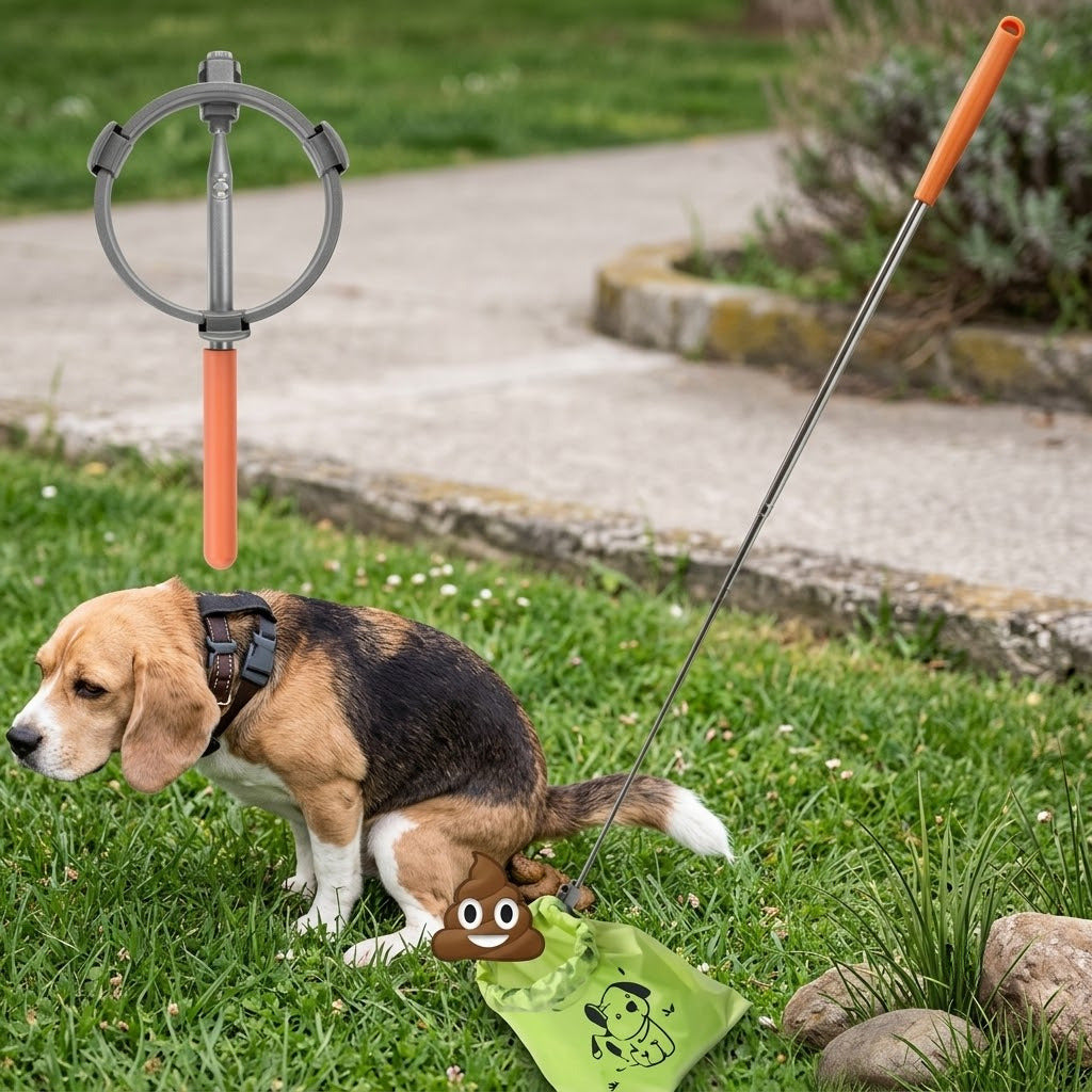 Beagle on grass beside the telescopic scooper holding an open bag