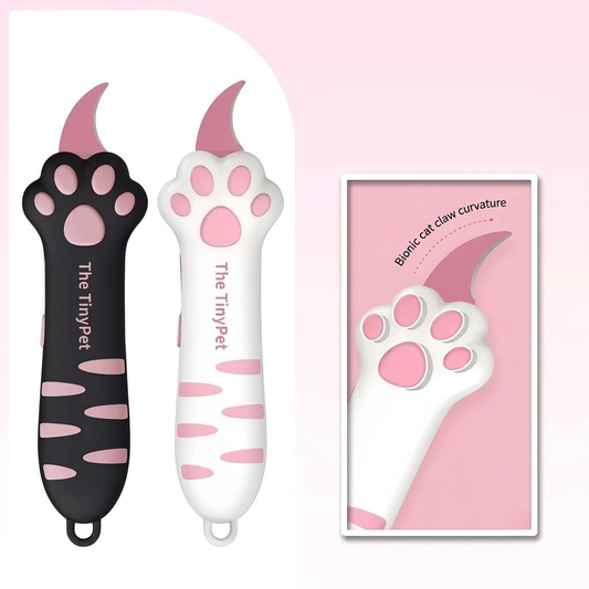 The black and the white cat paw box cutters side by side, with an inset view of the curved claw blade