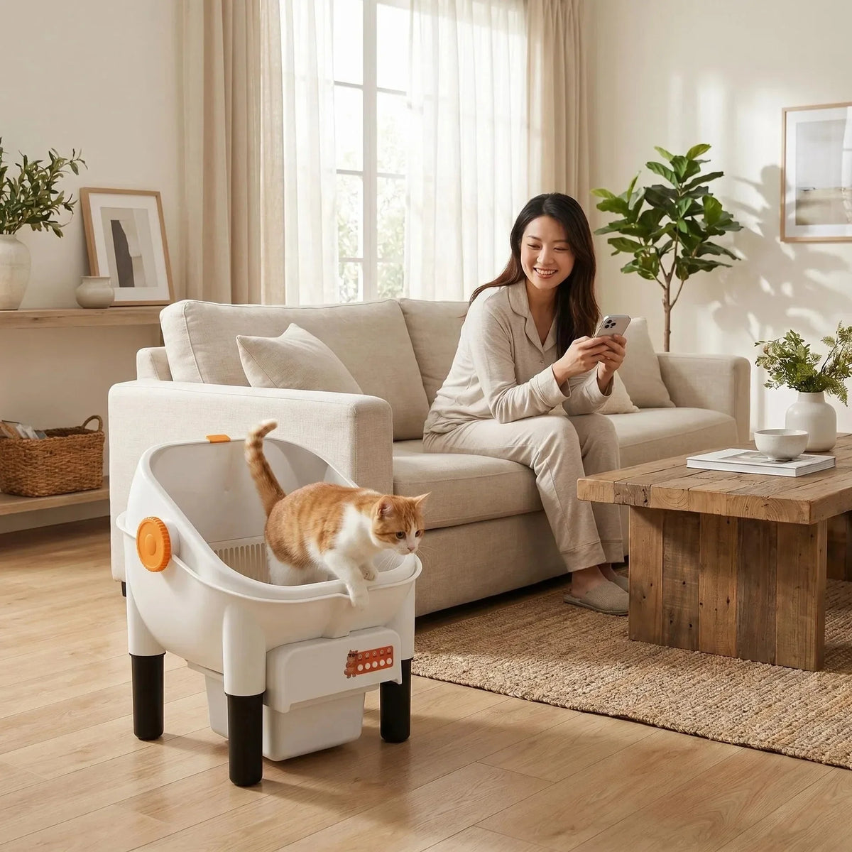 A cat stepping out of the open-top self-cleaning litter box in a living room